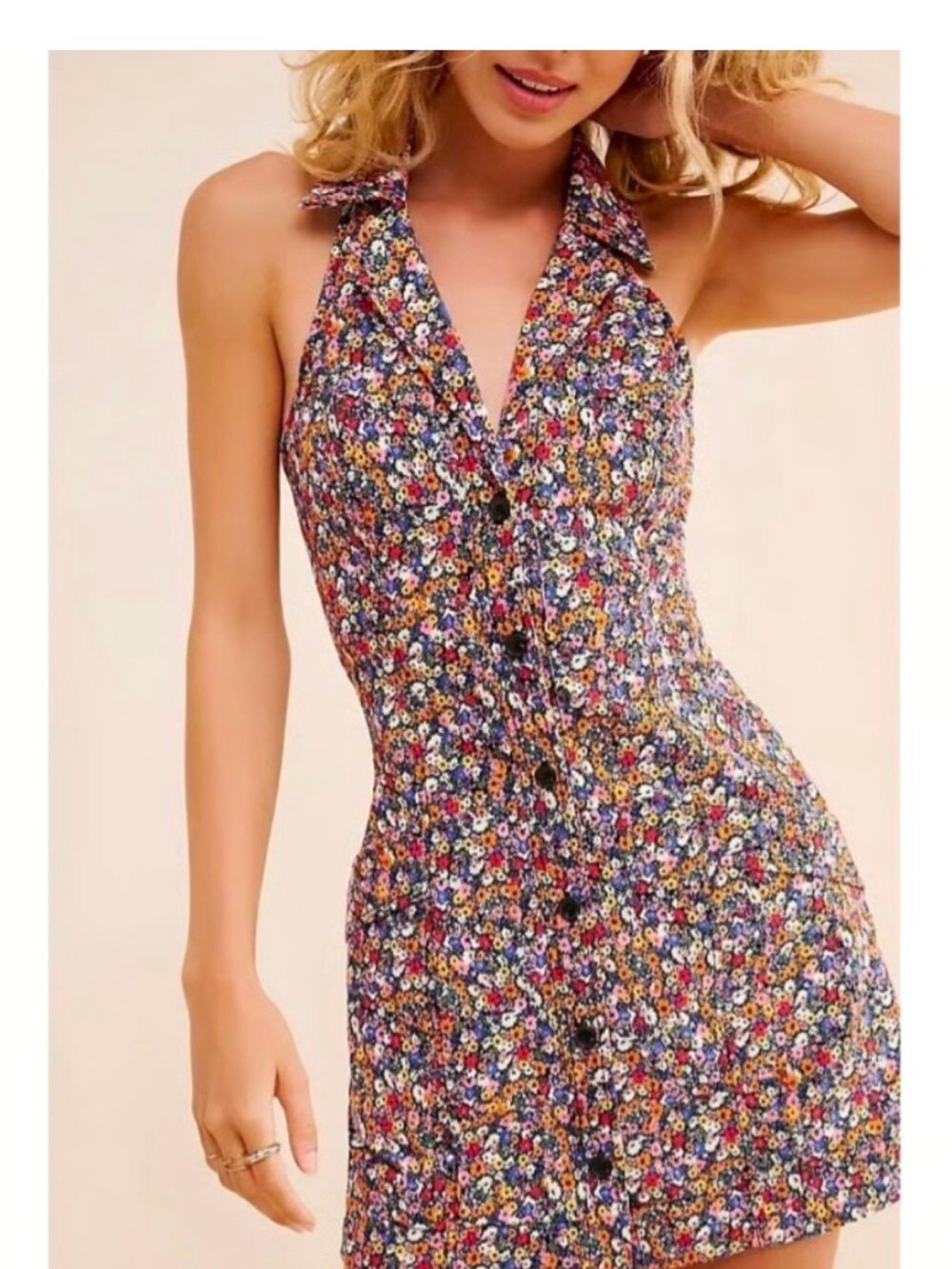 Maeve Multicolor Floral Halter Button Mini Dress